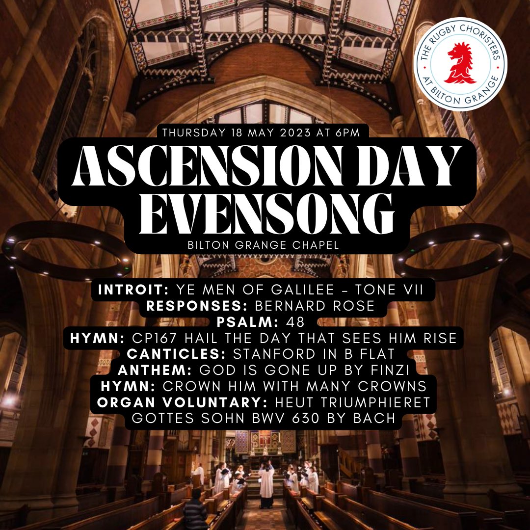 It’s Ascension Day! Join us for evensong tonight at the Bilton Grange Chapel 🎶🕯️
