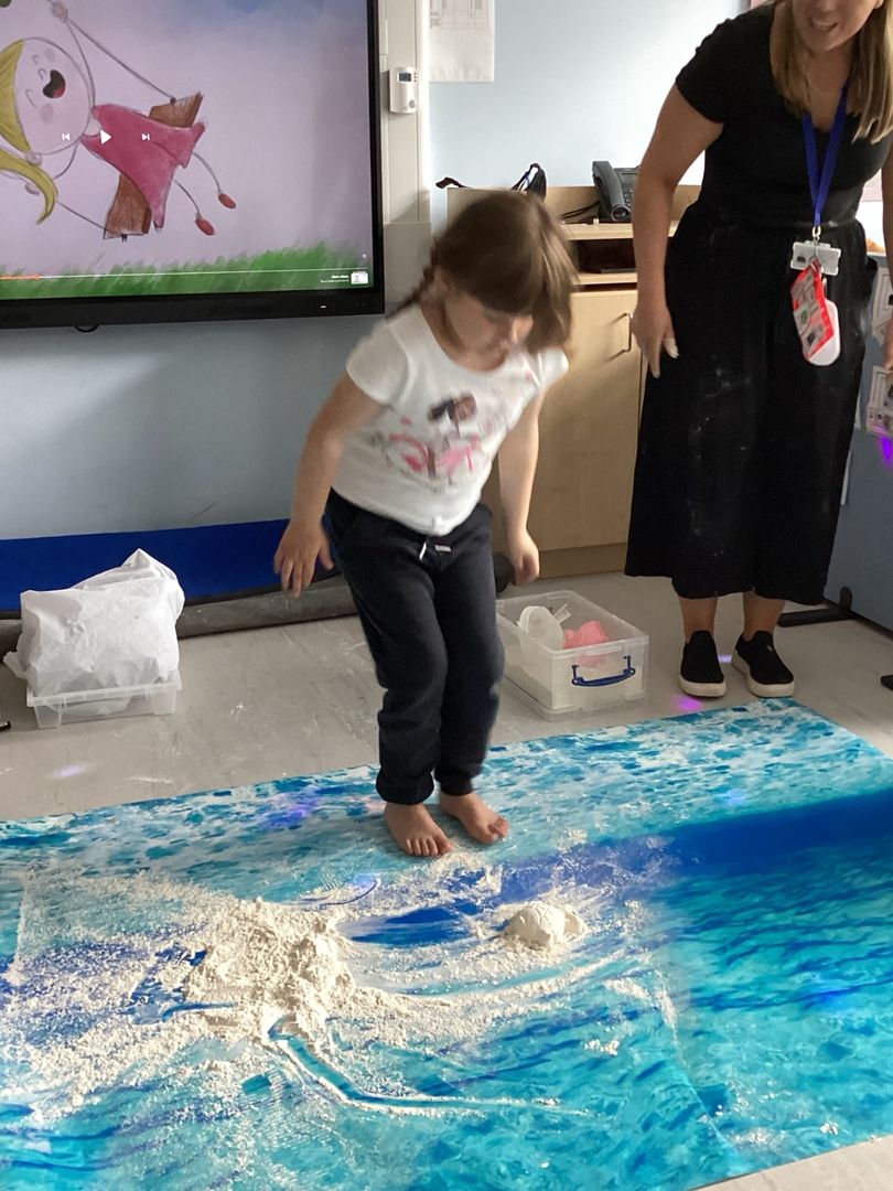 BridgeEaston's tweet photo. Hazel Class had lots of Box Time fun yesterday with 'flour fish stomp!' https://t.co/Lt8sbwOIvs