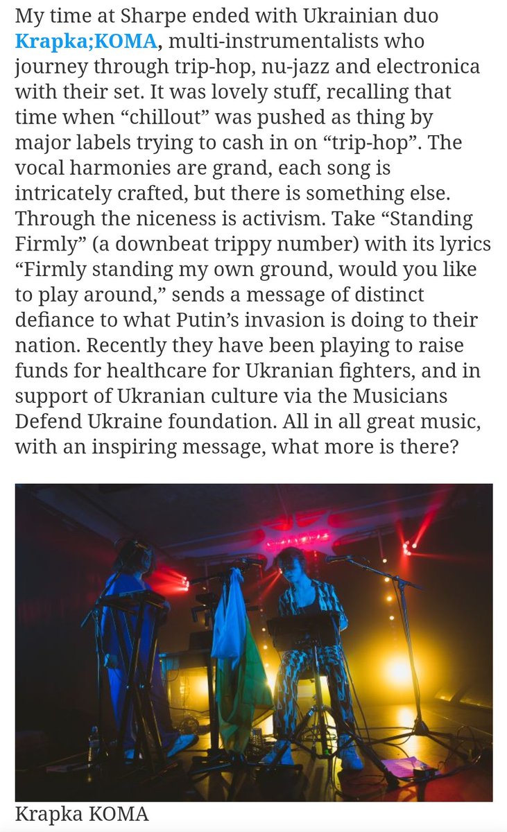Great thanks to <a href="/Under_Radar_Mag/">Under the Radar</a> and James Thornhill for such a wonderful review of our performance at <a href="/sharpefestival/">Sharpe Festival</a> 💜

Full article here: undertheradarmag.com/reviews/sharpe…
