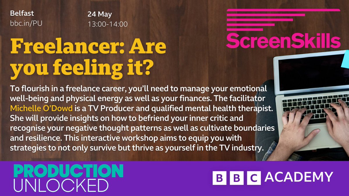 To flourish as a freelancer, you’ll need to manage your emotional well-being and physical energy as well as your finances.
This @UKScreenSkills workshop will equip you with strategies to not only survive, but thrive!: bbc.in/PU

#ProductionUnlocked • 24 May • Free