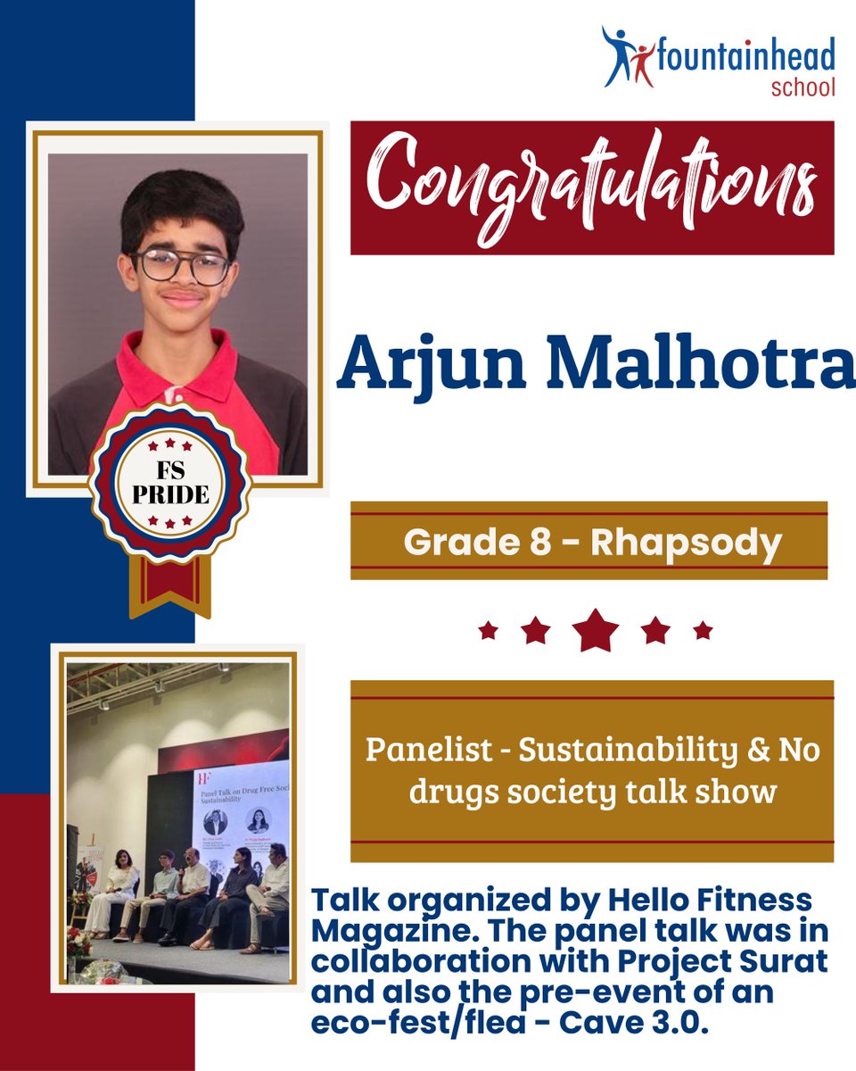 FSSurat's tweet photo. Congratulations to Arjun Malhotra for being invited as a panelist to a panel talk on the topics of Sustainability and No Drugs Society. He shared the stage with the esteemed dignitaries of Surat. #FSPride #FSWay #FSLife #FSStudent #FSAchievement https://t.co/BHTvI7HkGu
