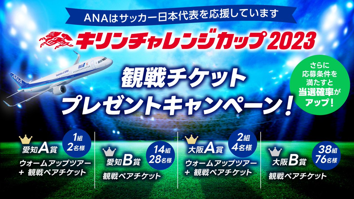 ／
#キリンチャレンジカップ2023 観戦チケット⚽️
プレゼントキャンペーン😆🎉
＼

抽選で観戦チケットをプレゼント🎁
6/15 豊田スタジアム
6/20 パナソニックスタジアム吹田

1️⃣ #AMC に入会
2️⃣応募フォームへ入力 ana.ms/3MtVOaf
条件達成で当選確率UP‼️
ana.ms/3IeacRg
5/28まで💨