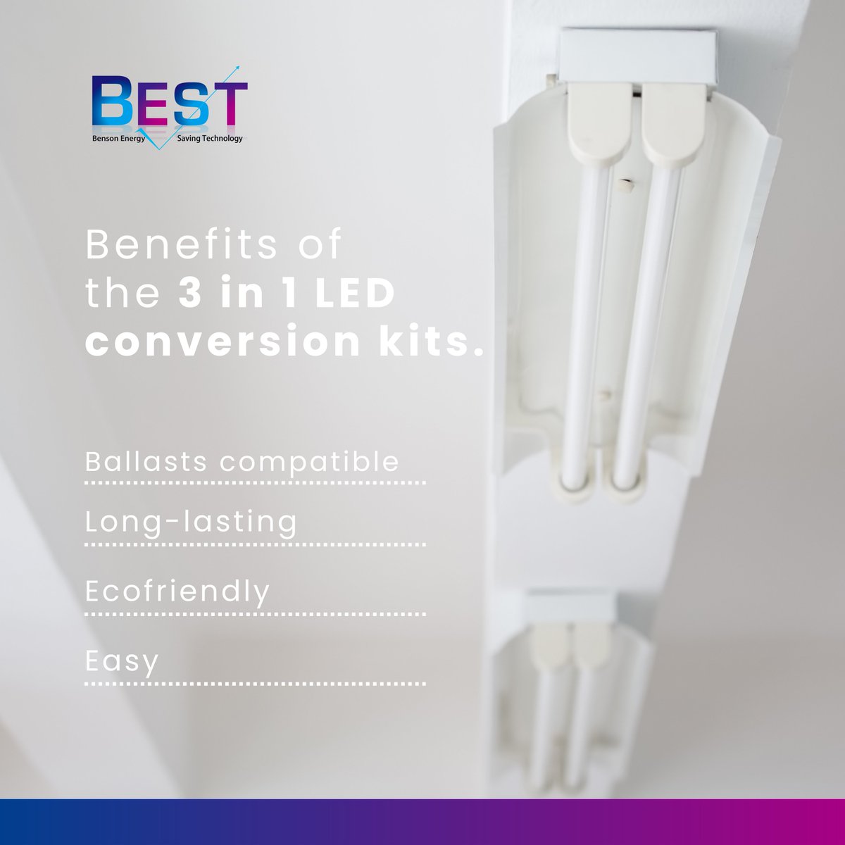 BEST_Energy_LED's tweet image. 💡For all existing fluorescent linear luminaire
💡Well extend the entire luminaire lifetime
💡Circular ecofriendly design
💡Easy installation, time and cost saving in maintenance

What are the benefits of our 2023 New launch:🌐bit.ly/3M3llFG

#ledconversion #LEDlighting