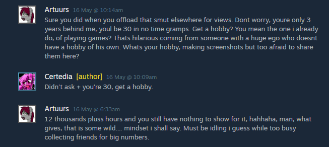 certedia's tweet photo. @AnthroPoniesSFM He does this a lot. This was on a completely random PUBG screenshot I had posted on Steam in 2017. 
He went on like this for hours.
https://t.co/FeT0JbvlqJ
For anyone wanting to read it, because it's hilarious. https://t.co/2UFtQjVXWm
