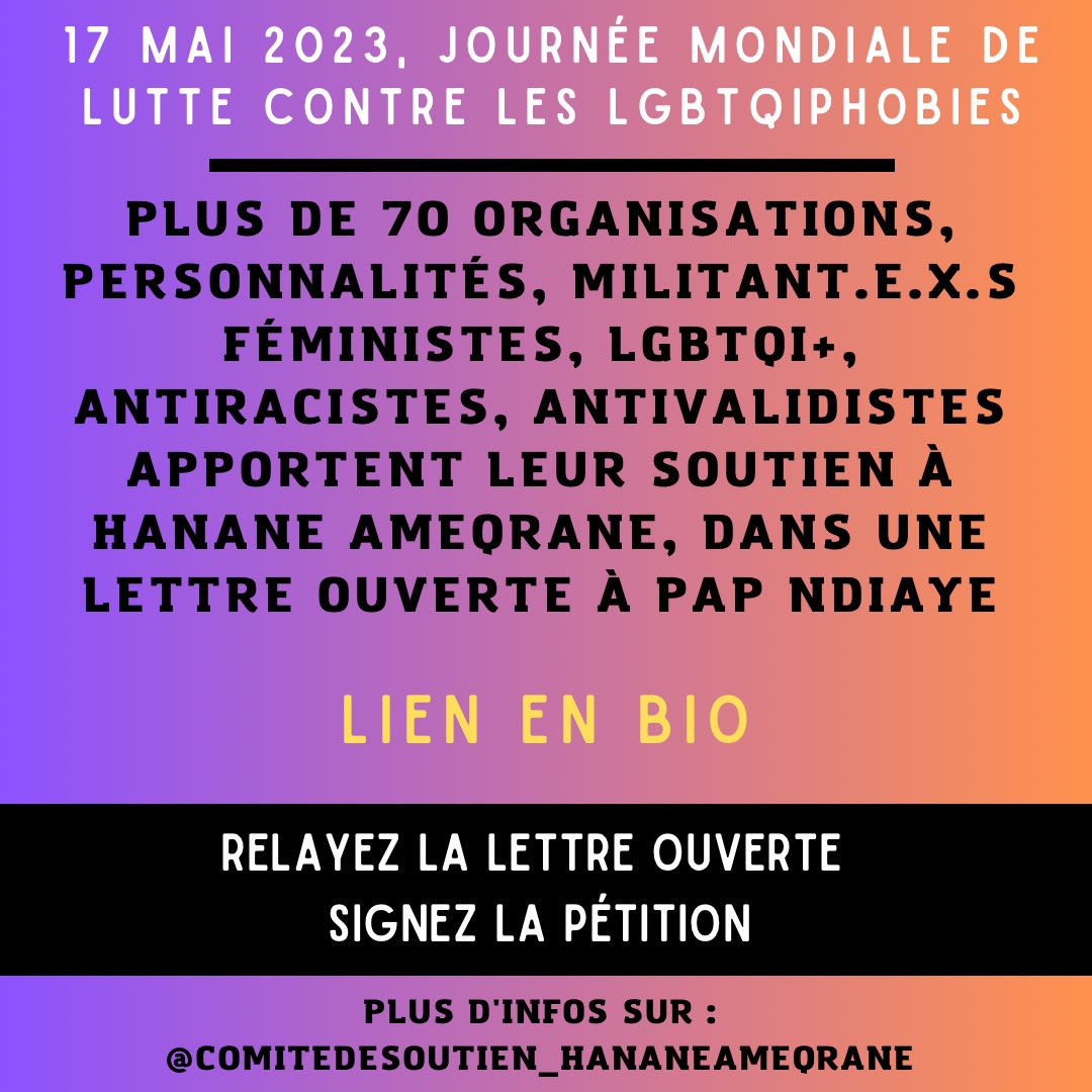 MarcheFeministe's tweet photo. A l’occasion de l’IDAHOT, au côtes de plus de 70 organisations et personnalités, nous signons la lettre ouverte à @PapNdiaye en soutien à notre camarade Hanane #SoutienHananeAmeqrane
#StopHarcelementIntersectionnel
#StopSouffranceAuTravail
#Idahot2023 https://t.co/2YvwcCBNvY