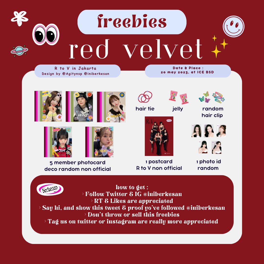 ✨FREEBIES for R to V in Jakarta✨
by me &amp; <a href="/iniberkesan/">b e r k e s an • JASA CETAK POLAROID ASLI ✨</a> 💖

🗓️ 20 May 2023
📍 ICE BSD (Hall 5-6)
⏱️ TBA
💌 LIMITED qty.

Detail On Pics.. Help RT &amp; Like yhaaa! 🫶🏻

#RedVelvet4thConcert_RtoV_inJKT #RedVelvetInJakarta #RedVelvet #Luvies