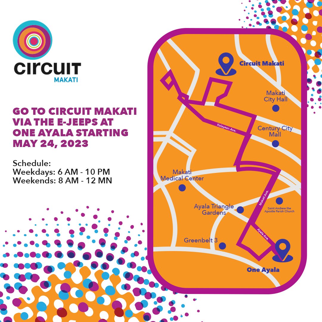 Starting May 24, 2023, getting to Circuit Makati is easier than ever with the new e-jeeps available at @oneayala_! 🚍

Schedule: 
Weekdays: 6am-10pm
Weekends: 8am-12mn

#CircuitAt10 #CircuitMakati #MakeItHappen #MakeItMakati #ITAllHappensInMakati