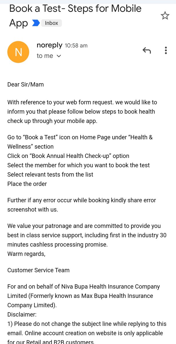 sameerz121's tweet photo. @Niva_Bupa So I got a reply from Niva Bupa. What a resolution. My whole problem was that I don't see option of annual health checkup in the app and look at their replies. It's a no reply email and they want me to share screenshot. 
I tried it and as was obvious, the mail didn't get through. https://t.co/QQiw6dhEto
