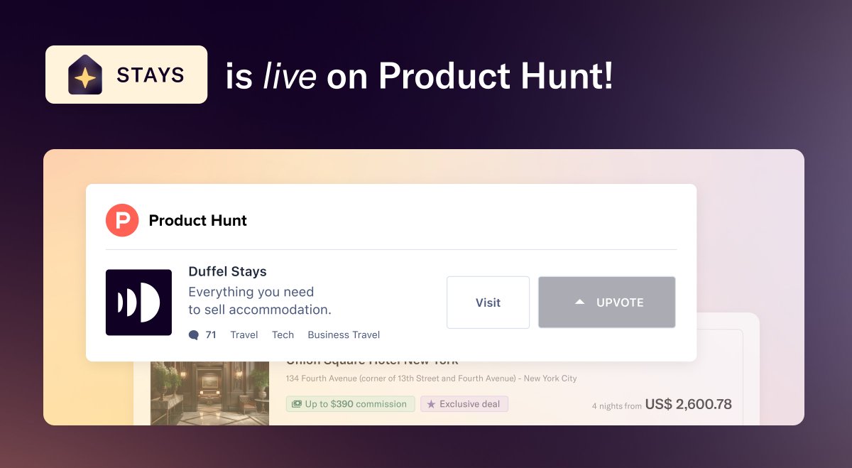 DuffelHQ's tweet image. It's official: Duffel Stays is now live on Product Hunt 🎉 - thank you @gustaf for hunting us! Help us spread the word by leaving an upvote and showing your support: bit.ly/3OfqAoG