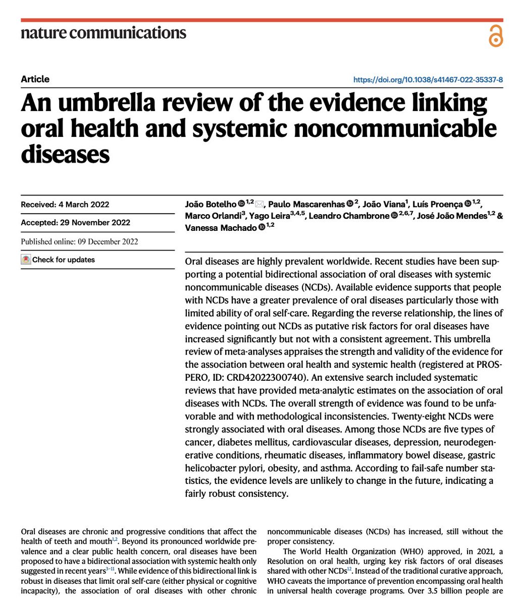 Interesting umbrella review (of 293 meta-analyses!) on a very topical question

Is there a bidirectional association between oral disease and systemic health?

[#dentistry folks: Please, read the *whole* paper before proclaiming that sorting oral disease will cure world hunger😉]