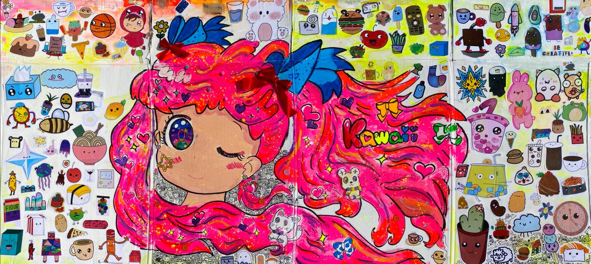 Year 6 Inquiry into Subcultures. This is their Kawaii piece. 2.5 meters long. Everyone made a Kawaii sticker on ProCreate for the background. A talented Y6 painted the original manga character. Another talented Y6 doodler filled up the space with tiny Kawaii characters. #pypchat