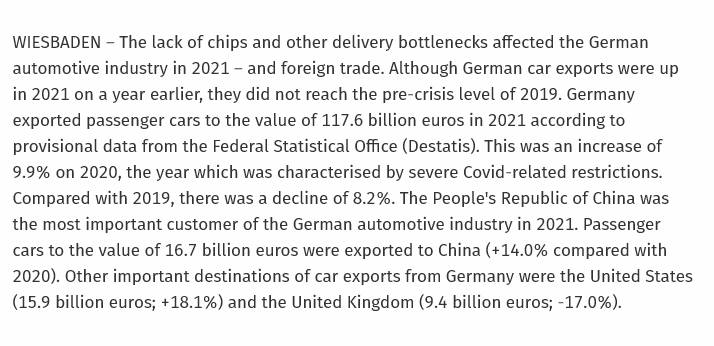 Germany's car manufacturers have diversified very quickly away from the UK.

We now make up less than 8% of their export market, down from 14% around 2016.

They need us much less than before.

(Link is to the official German stats authority.)
destatis.de/EN/Press/2022/…