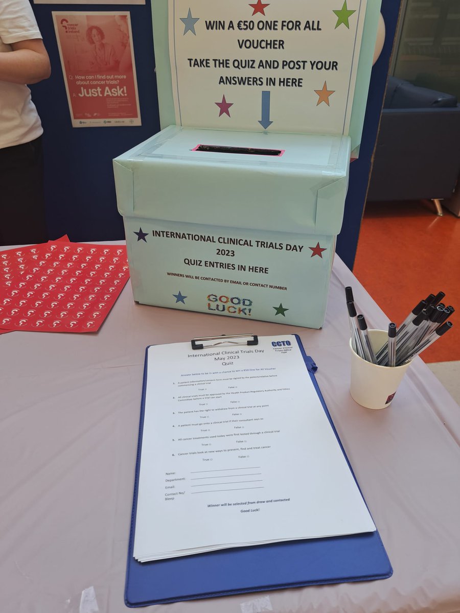 If you're in TUH today don't forget to drop by our stand at the daffodil centre and enter our quiz to celebrate International Clinical Trials Day which is this Saturday 20th May! #oncologyclinicaltrials