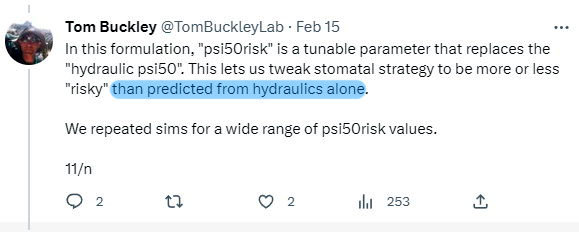 Hi Günter, to my delight I found on Twitter that Tom Buckley has distanced himself from the hydraulic🚿 dogma of water transport in the xylem of plants. By saying "than predicted from hydraulics alone"⬇️ he means a different transport principle. The ad-desorption of water❓😇.