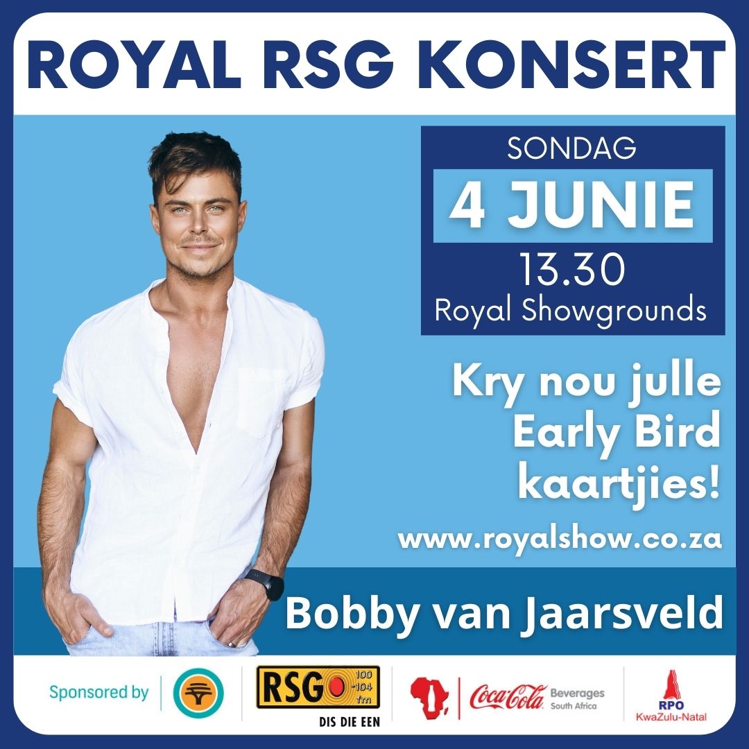 Die Royal Show.
26 Mei tot 4 Junie.
SA se grootste gemengde landbouskou.
Meer info by royalshow.co.za
<a href="/RoyalShowPMB/">The Royal Show</a>