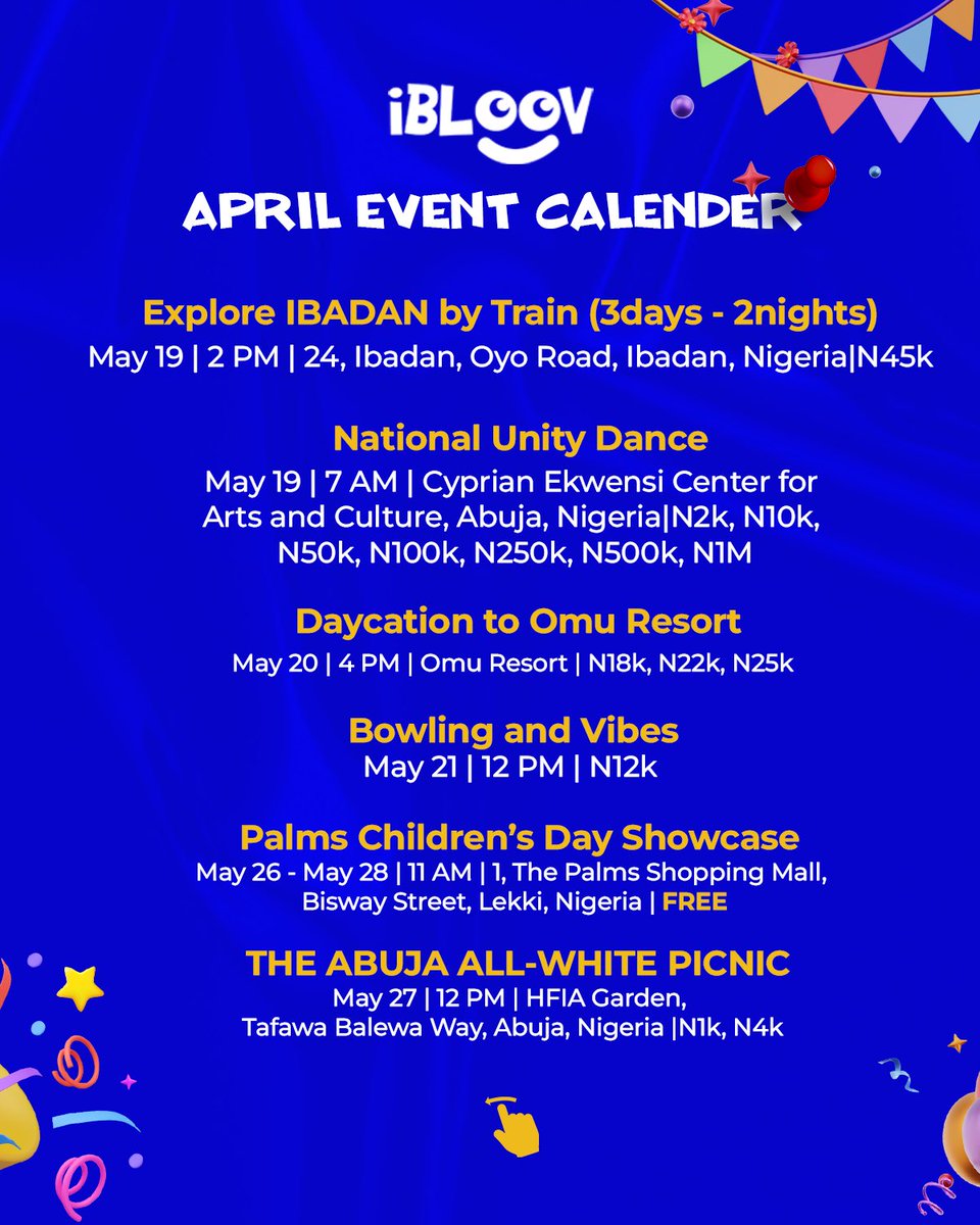 ibloov_official's tweet image. LOOKING FOR EVENTS TO ATTEND THIS WEEKEND❔

Check out our event roundup for the month of May and book your calendars with the event(s) that you love 📌

Visit ibloov.com to get your tickets now as they’re fast running out!

#ibloov #april #aprilevents