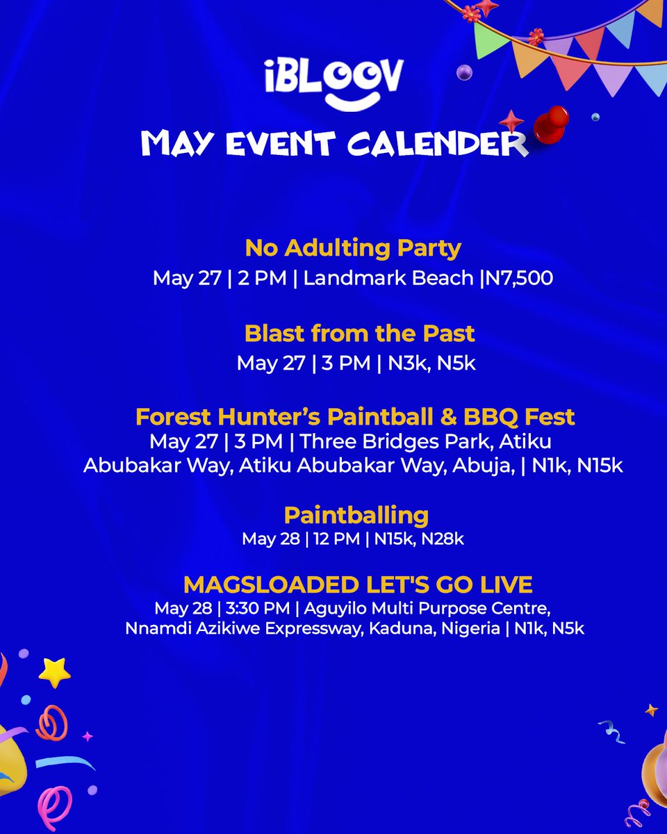 ibloov_official's tweet image. LOOKING FOR EVENTS TO ATTEND THIS WEEKEND❔

Check out our event roundup for the month of May and book your calendars with the event(s) that you love 📌

Visit ibloov.com to get your tickets now as they’re fast running out!

#ibloov #april #aprilevents