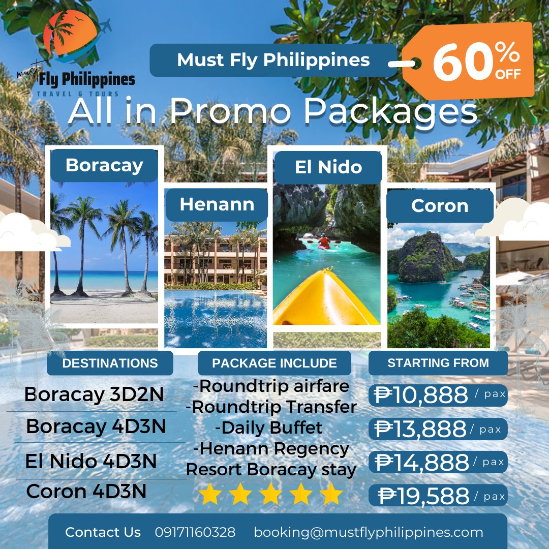 MustFlyPH's tweet photo. 🏖️ In exclusive partnership with the Henann Regency Resort 🌅

✈️ 3D2N Boracay All-in Package:💰 Only 10,888 PHP/PAX
✈️ 4D3N Boracay All-in Package:💰 Only 13,888 PHP/PAX
✈️ 4D3N El Nido All-in Package:💰 Only 14,888 PHP/PAX
✈️ 4D3N Coron All-in Package:💰 Only 19,588 PHP/PAX https://t.co/nugOWD0SMe