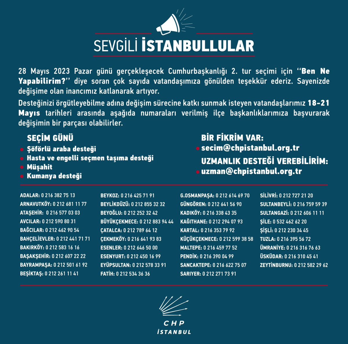 28 Mayıs 2023 Pazar günkü Cumhurbaşkanlığı 2. tur seçimi için ‘‘Ben Ne Yapabilirim?’’ diyen herkese gönülden teşekkür ederiz. Değişim sürecine katkı sunmak isteyen vatandaşlarımız 18-21 Mayıs tarihleri arasında İlçe Başkanlıklarımıza başvurarak değişimin bir parçası olabilirler.