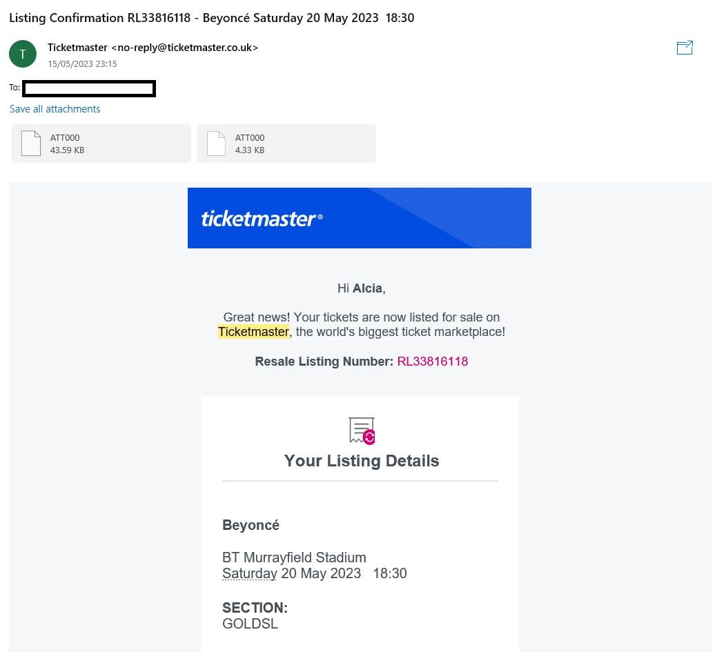 AlciaLoach's tweet photo. @TicketmasterUK Here's my listing confirmation. I took the tickets off and relisted to ensure they would be listed for resale and still not coming up in searches. https://t.co/kqUbRSLeYz