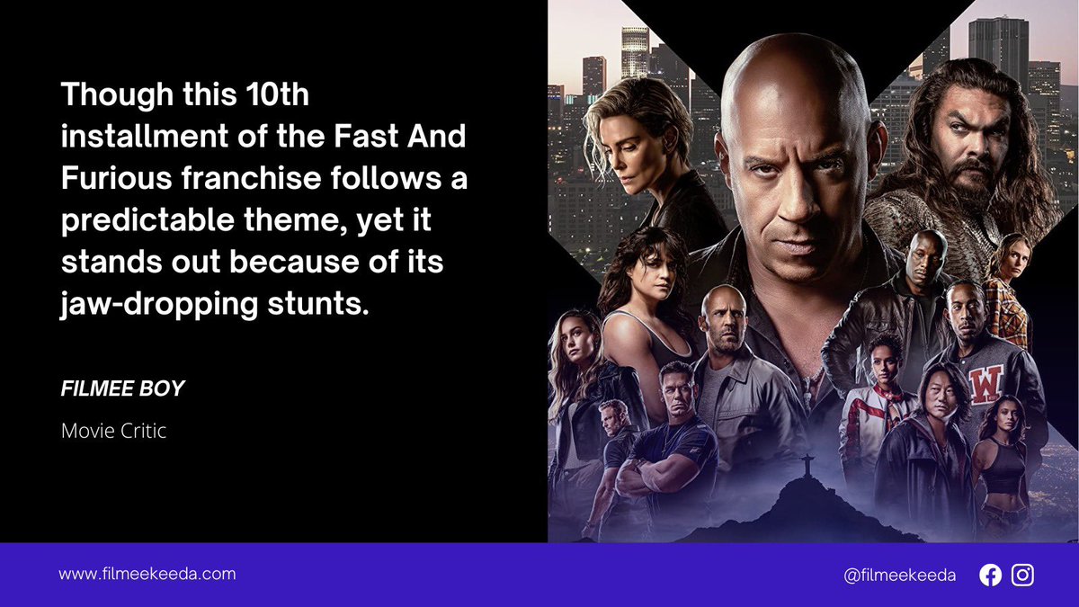 FilmeeBoy's tweet image. #fastxreview: Though this 10th installment of the #FastAndFurious franchise follows a predictable theme, yet it stands out because of its jaw-dropping stunts. Keep your fingers crossed, for the family is growing, getting stronger &amp;amp; ready for a sequel in 2025! ⭐️⭐️⭐️⭐️1/2 🫡
