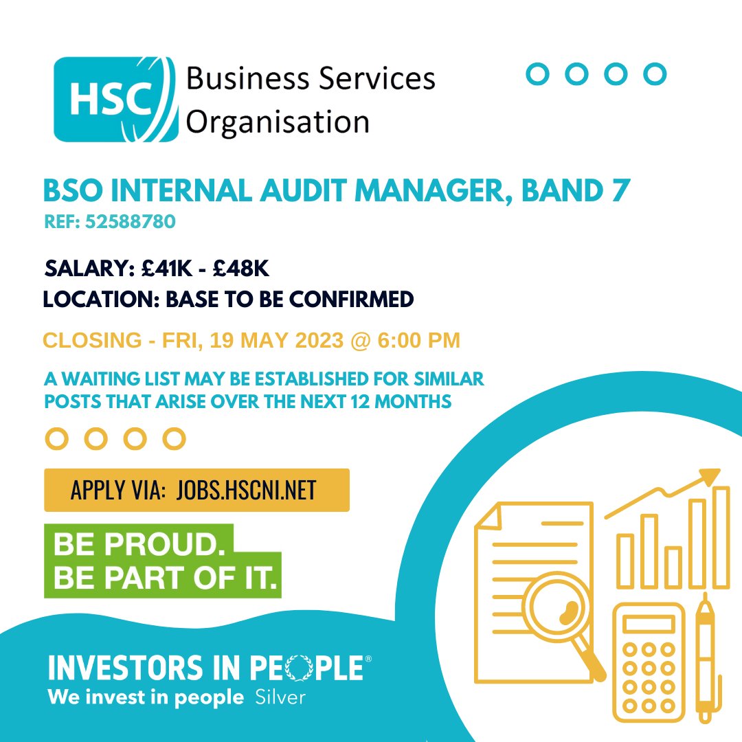BSO_NI's tweet image. FINAL CALL - CLOSING TOMORROW!

Fantastic opportunity to join @BSO_NI as an Internal Audit Manager, Band 7

For more information and to apply please visit:
jobs.hscni.net/Job/20885/bsoi…

(A waiting list may be compiled)

#BSO #hscjobs #auditmanager #NIjobs