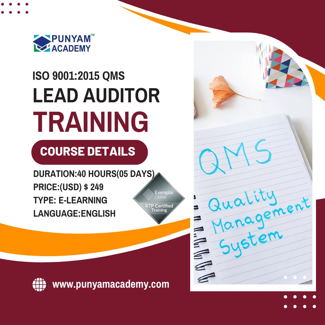 Learn ISO 9001:23015 QMS Lead Auditor Training course with Punyam  Academy.
For more info:
punyamacademy.com/course/quality…
#ISO #auditor #training #LeadAuditor #Punyam
#ISO9001_2015 #courses #elearning