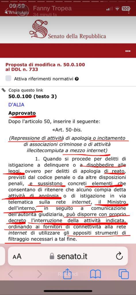 Arriva la censura in Italia, sul modello di quella cinese. Multe e carcere per chi critica l'operato del governo e obbligo per tutti i provider di filtrare messaggi, video, blog non allineati ai dictat trasmessi dai media ufficiali. È ciò che si merita un'Italia addormentata.