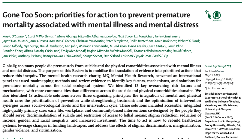 "No mental health without physical health"

New editorial in Lancet Psychiatry discussing our #GoneTooSoon paper on priorities for action to prevent premature mortality associated with mental illness and mental distress
📑thelancet.com/journals/lanps…
