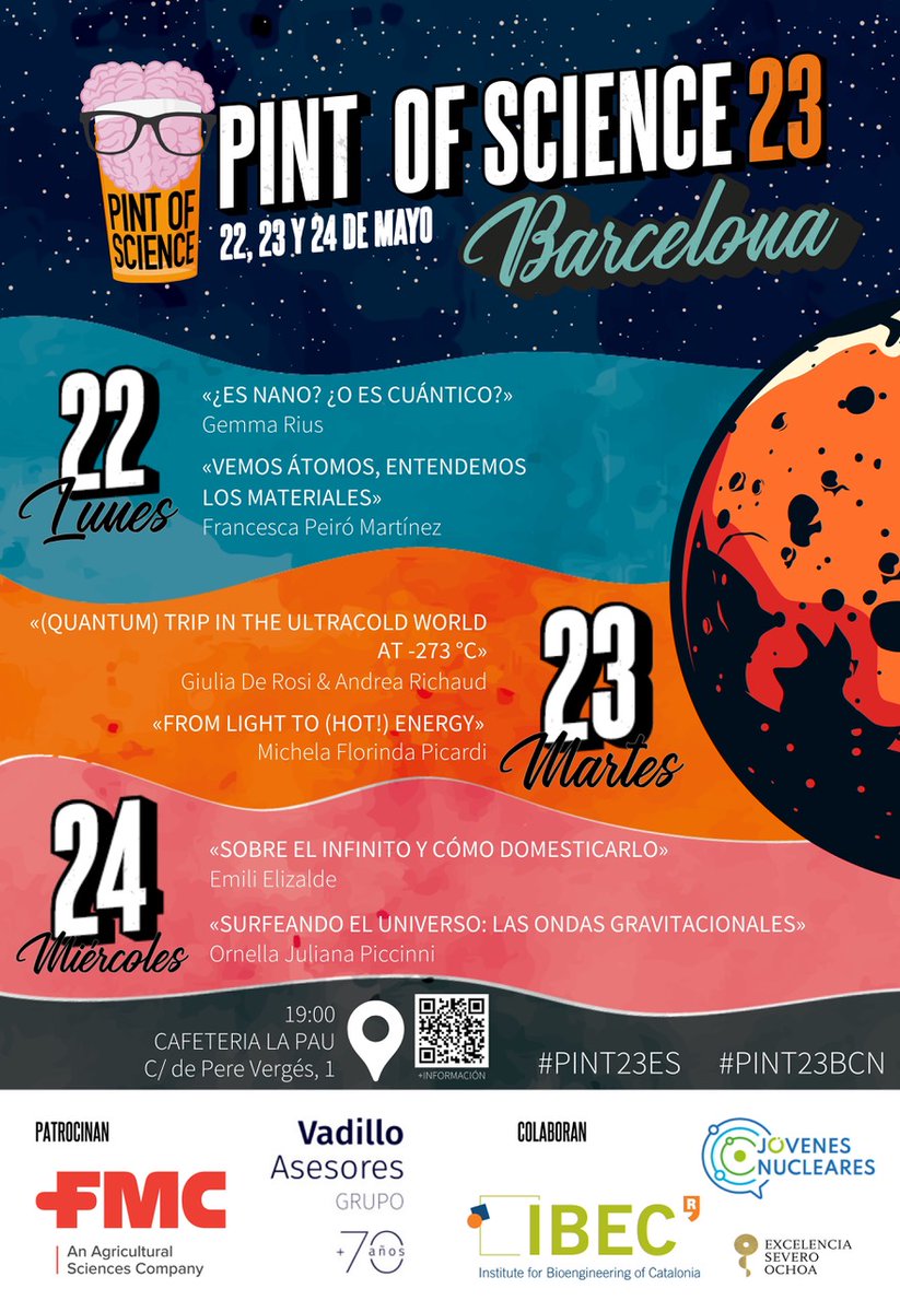 ice_csic's tweet image. ¡Pint of Science llega a los bares de Barcelona! 🍻

Si quieres saber cómo se describe el infinito, no te pierdas la charla de Emilio Elizalde (ICE-CSIC &amp;amp; IEEC).

📅 24 de mayo
📍 19 h, Cafetería La Pau

👉 pintofscience.es/event/la-fisic…

#Pint23BCN #Pint23ES #Pint23