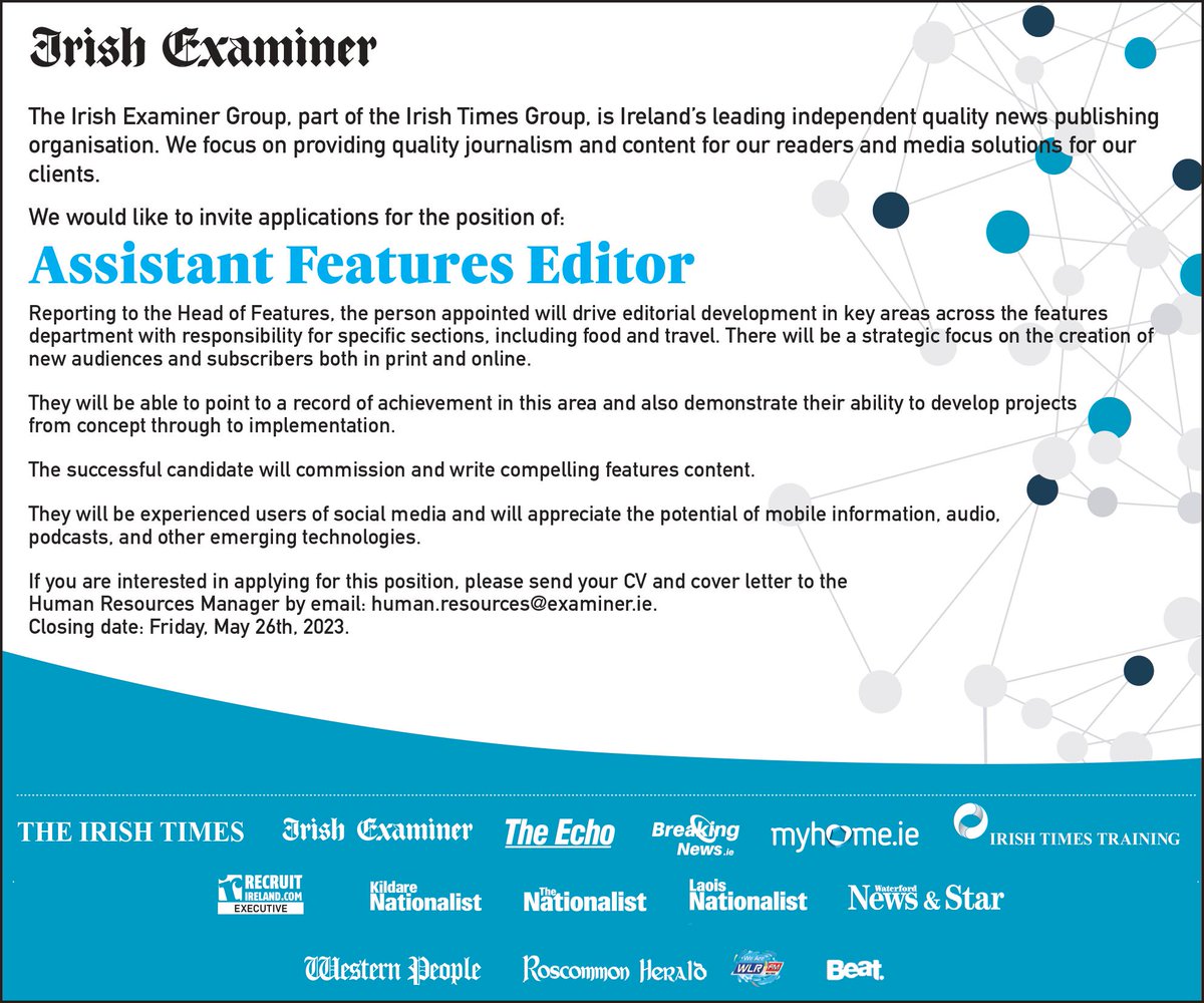 Join our team! We're hiring an Assistant Features Editor recruitireland.com/company/irish-…