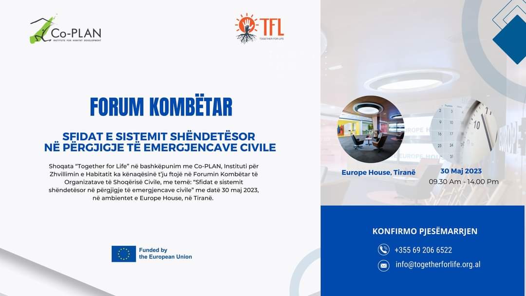 co_plan's tweet photo. Shoqata “Together for Life” në bashkëpunim me Co-PLAN, Instituti për Zhvillimin e Habitatit organizon Forumin Kombëtar të Organizatave të Shoqërisë Civile, me temë “Sfidat e sistemit shëndetësor në përgjigje të emergjencave civile”.

Ju mirëpresim!

#ideAL @EUinAlbania https://t.co/mfvR87FnbT