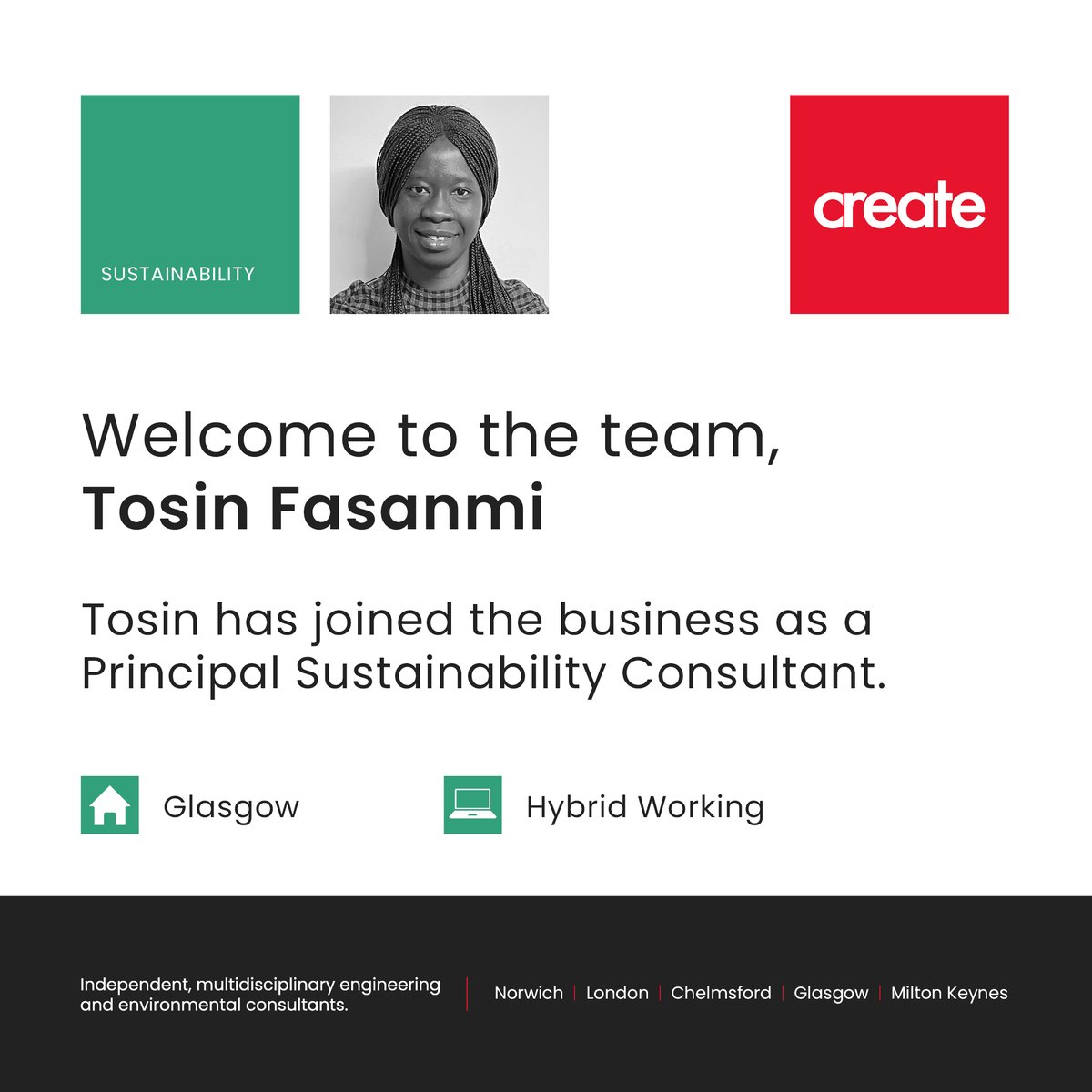 We’re delighted to welcome Tosin Fasanmi to the business. Tosin has joined as a Principal Sustainability Consultant based in Glasgow. She will be part of our Sustainability team.

For more: linkedin.com/feed/update/ur…

#NewStarter #BREEAM