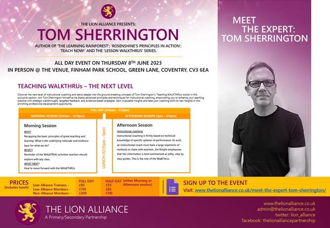 @the_lion_alliance are excited to be welcoming back Tom Sherrington for a ‘Meet the Expert’ event on Thurs 8th June 9:45am – 3:15pm, in-person at Finham Park school, Green Lane, Coventry, CV3 6EA
thelionalliance.co.uk/meet-the-exper…
#ProfessionalDevelopmentForTeachers #Coventry #Teaching