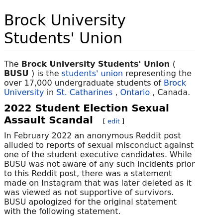 WikiControversy's tweet photo. Brock University Students' Union - 2022 Student Election Sexual Assault Scandal

In February 2022 an anonymous Reddit post alluded to reports of sexual misconduct against one of the student executive candidates https://t.co/wLgnIUvhCM