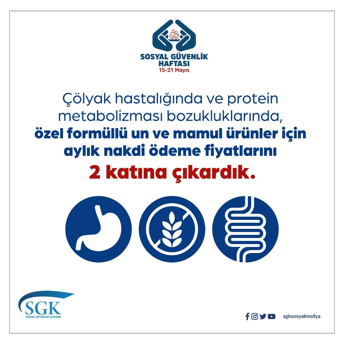 Çölyak hastalığında ve protein metabolizması bozukluklarında, özel formüllü un ve mamul ürünler için aylık nakdi ödeme fiyatlarını 2 katına çıkardık.

#SGK17Yaşında 
#SosyalGüvenlikHaftası