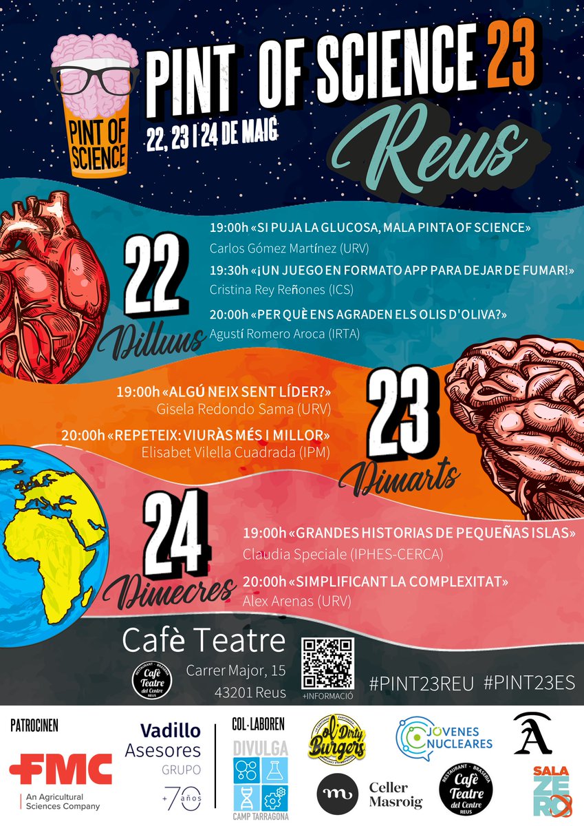 divulgaTGN's tweet image. 🤟🏼Bon dia Pinteres i Pinters!
Ja tenim aquí l'edició 2023 del 🍻PINT OF SCIENCE🧠 a Reus i a Tarragona!
🆕Aquest any comptem amb la col·laboració de diversos establiments.
A REUS el @CafeTeatre
Ens veiem allà!
Amb el patrocini de @cellermasroig
i @jjnucleares
#pint23reu #Pint23ES