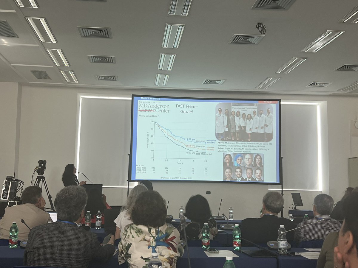 DrAManiakas's tweet photo. The debate is on for the management of BRAF-mutated ATC at the #ITOG meeting with @DrMCabanillas presenting our @MDAndersonNews data! Excited to see what trials this international collaborative will develop for aggressive #thyroidcancer https://t.co/m2pGB0oo4B