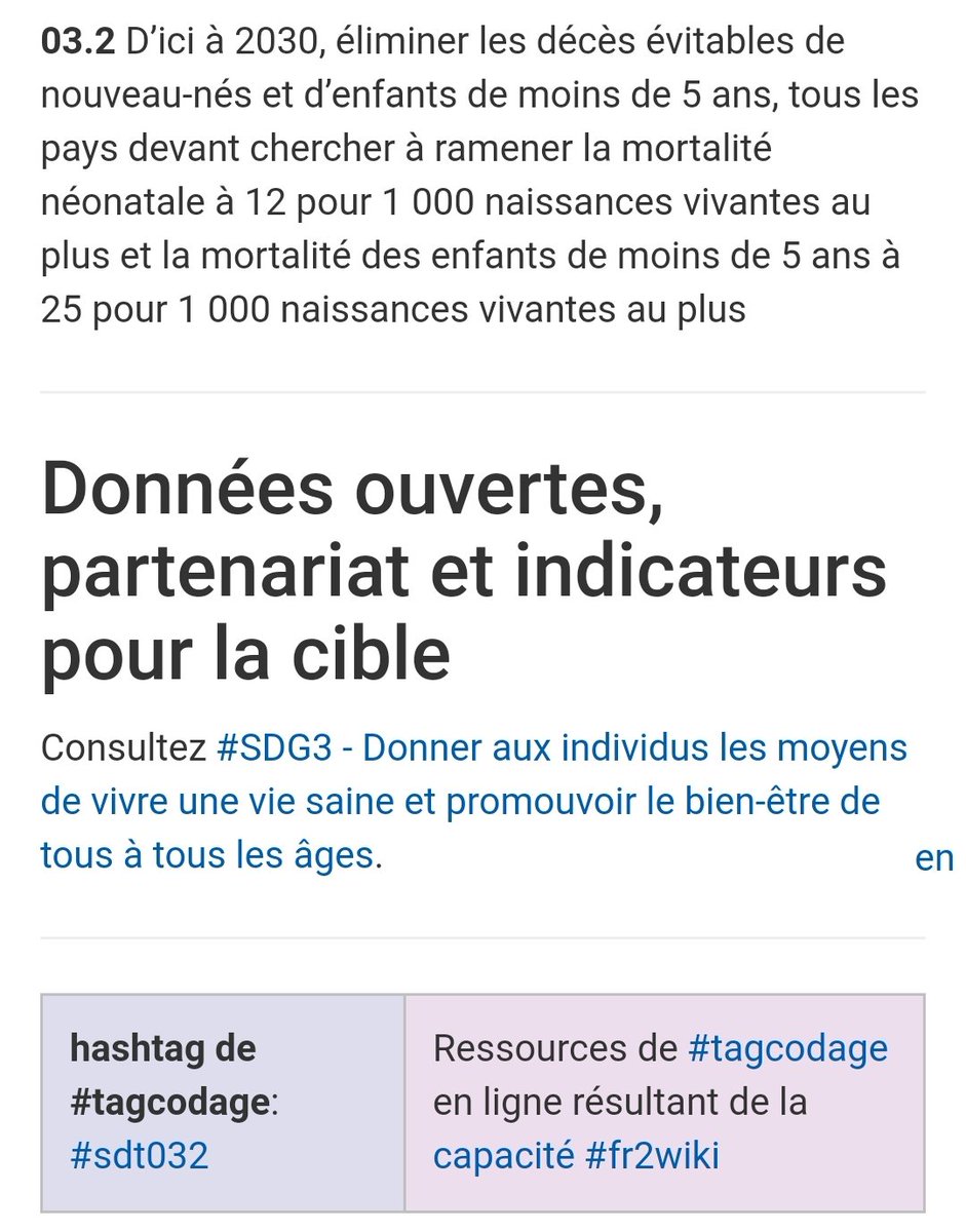 TagwikiFr's tweet image. #sdt032 - Eliminer les décès évitables de nouveau-nés et d’enfants de moins de 5 ans, tous les pays devant chercher à ramener...
fr2.wiki/pg:sdt032
#fr2wiki 
#sdt32 #sdg3 #tagcodage