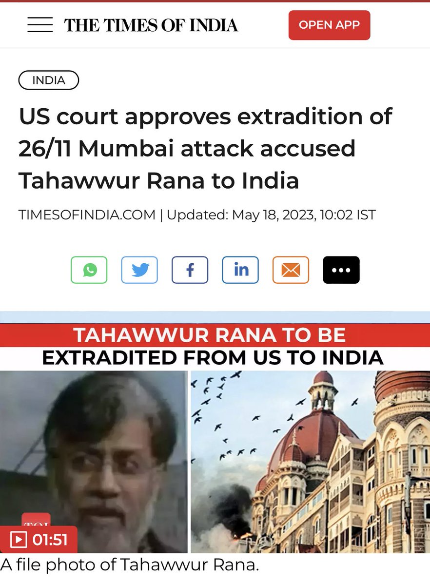 pallavict's tweet photo. Big News on terr0r front🔥🔥
Tahawwur Rana, involved in #2611terrorAttack to be extradited to India
This is BIG as it can help directly implicate P@k as Terr0ristan that exports terr0r & help put sanctions on it & stop other nations from funding it
Modi hain toh mumkin hain🔥🔥
Now all nations have to toe the line on terr0r or they get JAISHANKARED🔥🔥🔥
In MMS era, no intl nations played any heed to gravity of 26/11 attacks including P@pistan that threw our dossiers into the dustbin
Now, no big nations protested when we abolished Article 370 or did surgical strikes on PoK & actual soil of P@pistan🔥🔥
That’s what 56” leadership does
India is roaring 🔥🔥
Listen to @Dev_Fadnavis ji explaining the importance of the order 👇🏻👇🏻