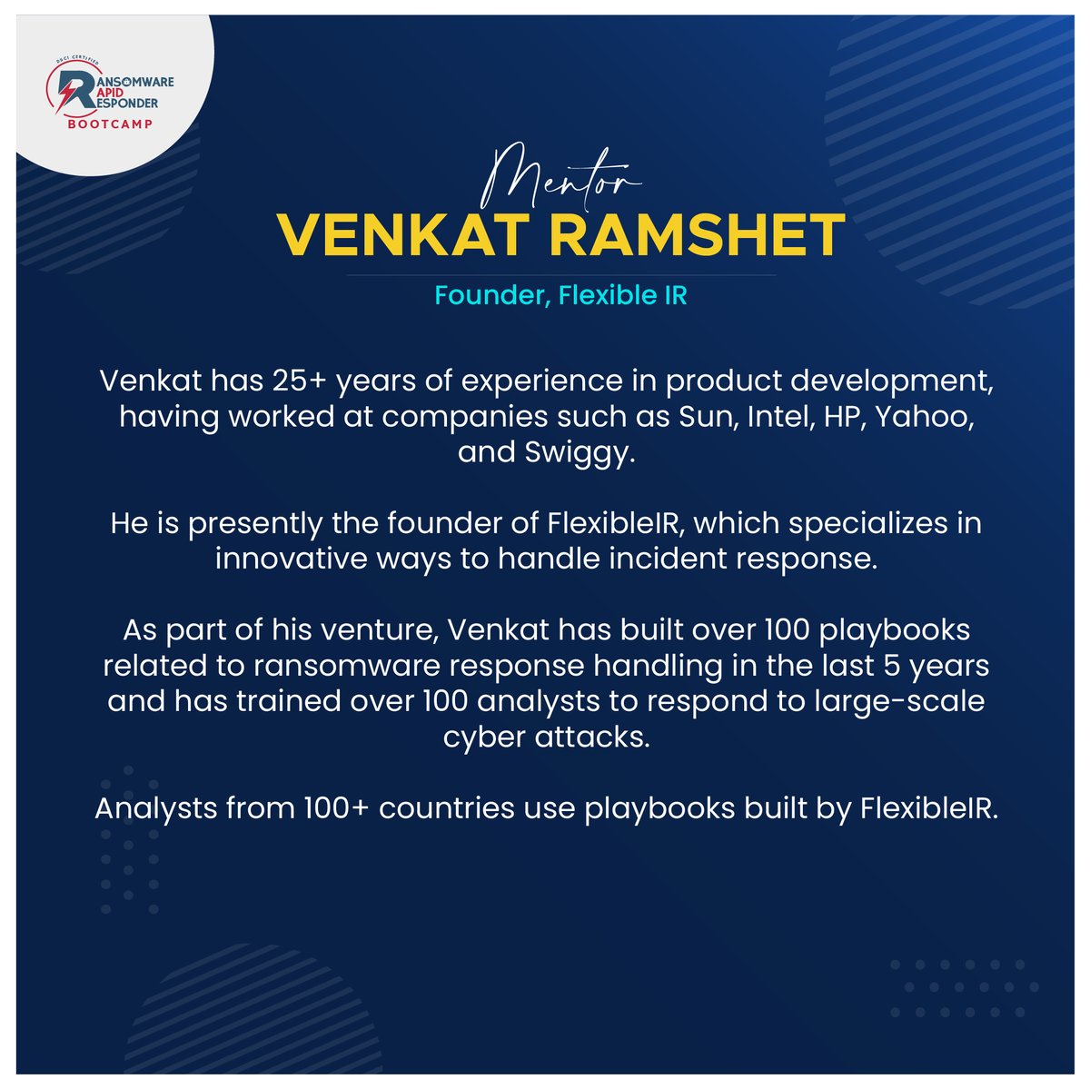 DSCI_Connect's tweet photo. Meet Mr. Ramshet, one of the mentors of DC-RRR bootcamp and the brilliant mind behind @FlexibleIr.

His unique teaching style &amp; exhaustive experience in the industry are sure-shot going to change the way you will tackle a ransomware attack.

Register here: https://t.co/s8WLu0DHcy https://t.co/foAAFiKqjJ