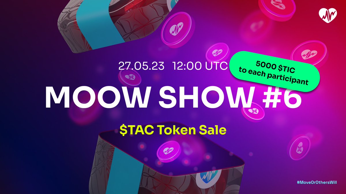 moow2earn's tweet image. We are delighted to announce the upcoming MOOW SHOW #6 😎

This episode will be dedicated to unraveling the finer details of the Private Community $TAC Token Sale, along with a few delightful surprises we have in store for you 🎁

❔When:
27.05.23 at 12:00 UTC

❔Where:…