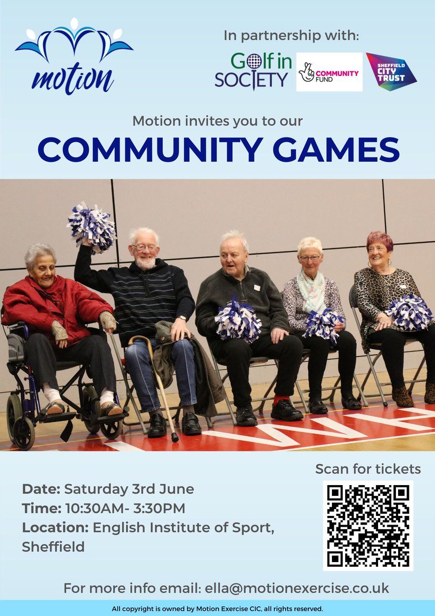 motion_org_uk's tweet photo. If you missed out on FREE tickets to the Motion Community Games next week, have no fear, we have another on Saturday the 3rd of June!

Let your #local #SHEFFIELD care home know about this fantastic opportunity for residents to participate in fun-filled activities! https://t.co/BljxoQKmCZ