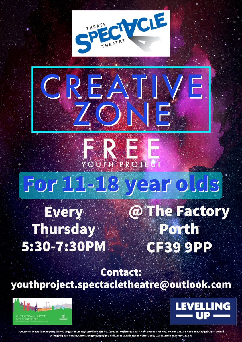Theatr Spectacle Theatre would like to invite anyone age 11-18yrs to our Free Creative Youth Group held on Thursdays, 5:30-7:30pm.

Hang out with friends, create something great.

Free Refreshments provided.