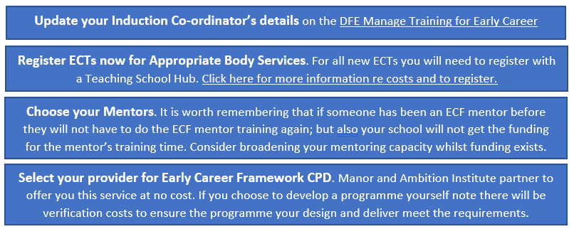 The DfE’s portal is the essential place where every school with an ECT must register. However, the DfE is currently rewriting their portal so - THE DFE PORTAL WILL NOT BE AVAILABLE TO REGISTER ECTS AND MENTORS UNITL EARLY JULY 2023.
There are 4 things you can do: @manorteach