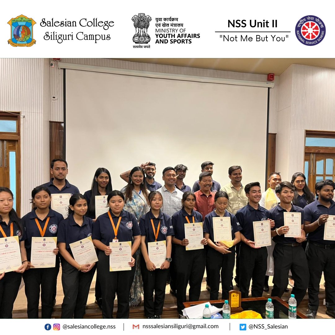 NSS_Salesian's tweet photo. NSS Unit II of Salesian College, Siliguri celebrated the service of the graduating batch by organising a completion ceremony. Dr. Sudash Lama, NSS Coordinator, NBU had graced the occasion as the chief guest of honour and explained to us the true meaning of being a NSS Volunteer. https://t.co/u0YPNBO6aE