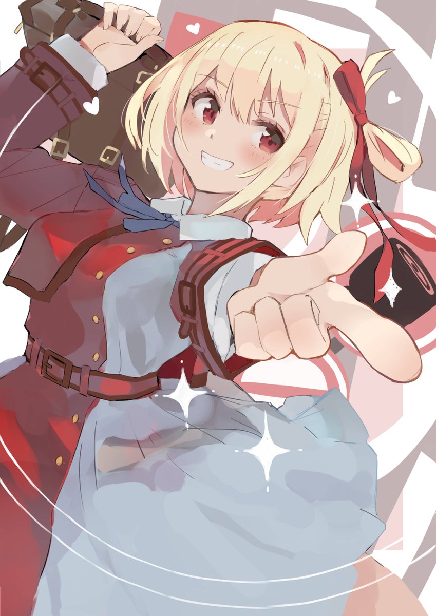 nishikigi chisato 1girl blonde hair lycoris uniform red eyes solo smile red ribbon  illustration images