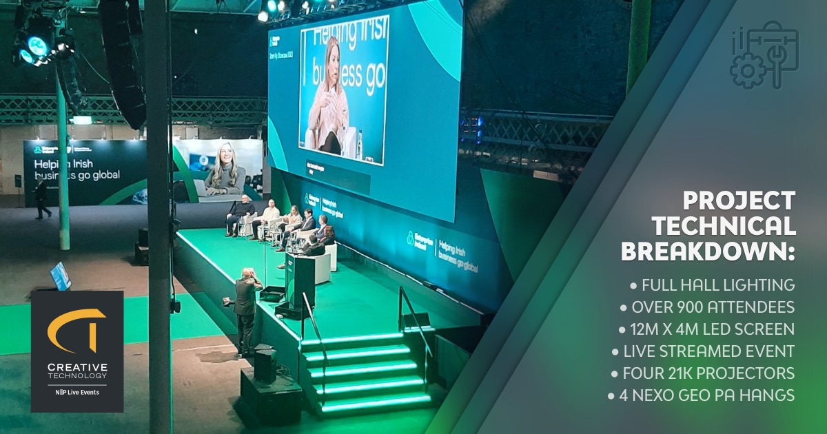 Exciting times at CT Ireland! We were proud to be a part of the #EnterpriseIrelandSummit Business Leaders Conference, celebrating 25th Anniversary with over 900 attendees. Our state-of-the-art setup included a  12m x 4m LED screen and 4 x 21k projectors. #CTIreland