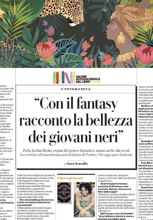 Oggi su @repubblica la meravigliosa intervista di Sara Scarafia a Jordan Ifueko, stella del fantasy, autrice di #Raybearer, tra gli ospiti internazionali del @SalonedelLibro.

Sabato 20:

📌ore 13,30 Arena Bookstock con @megibulla 

📌 ore 18,15 Arena Robinson con Sara Scarafia