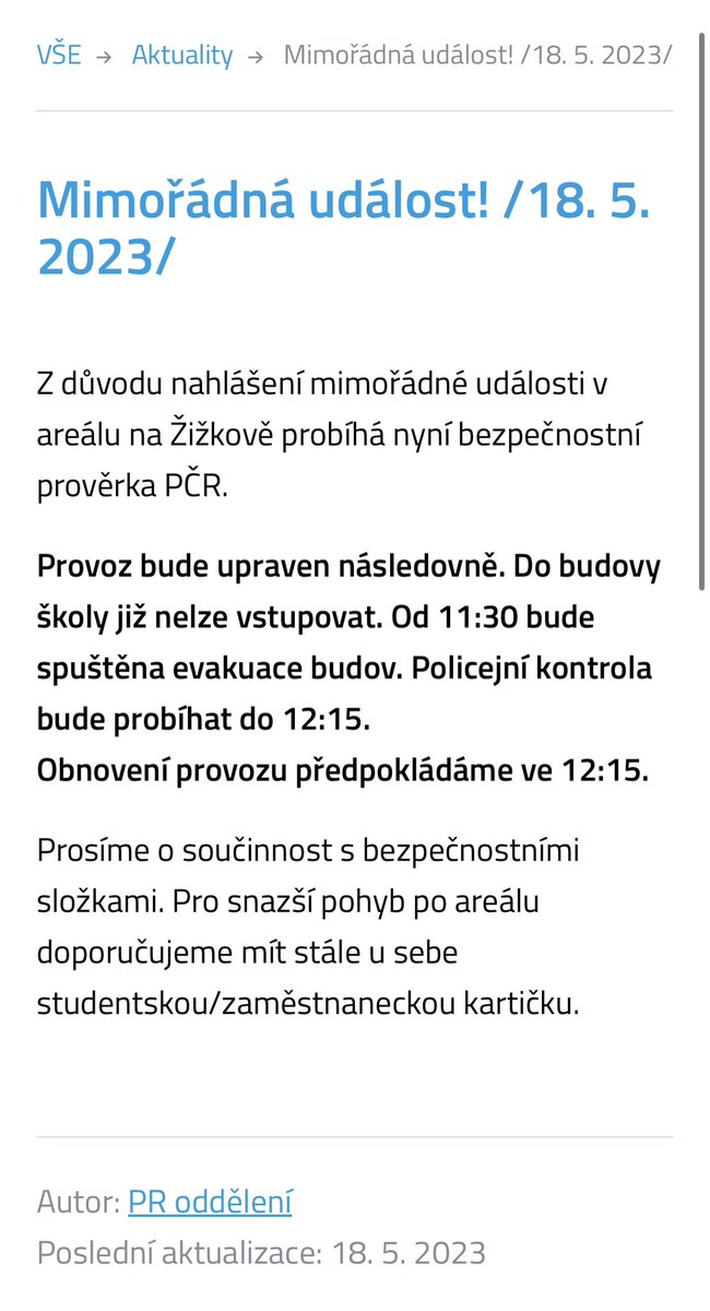 ⚠️ Mimořádná událost ⚠️
Děkujeme za spolupráci.
